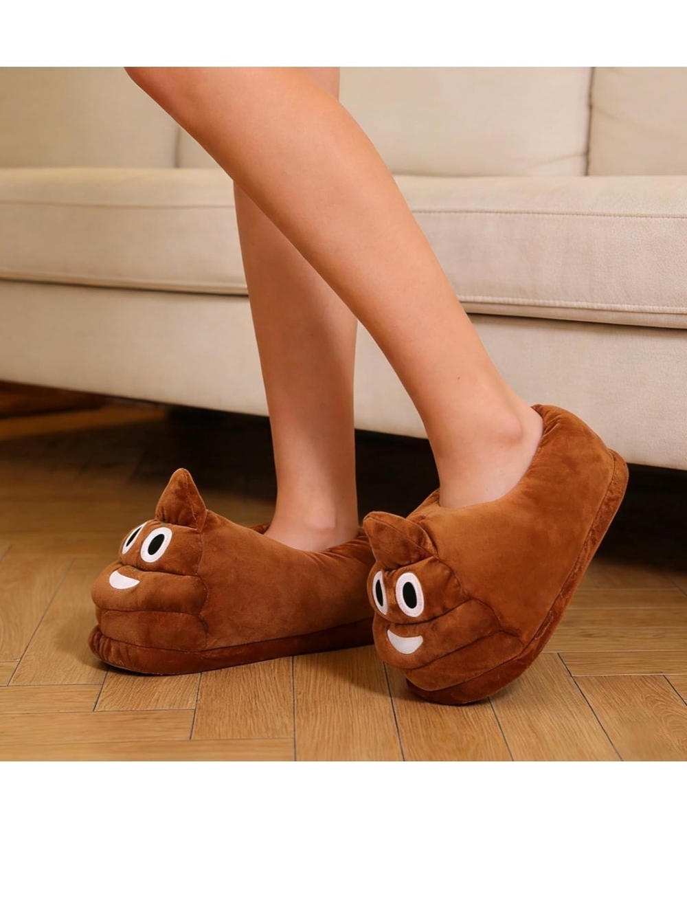 Novelty Poop Emoji Plush Slippers - Brown - Picture 9 of 9